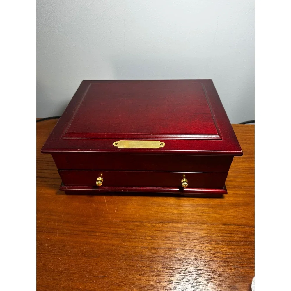 Vintage Cherry Wood Jewelry Box Gold Hardware Drawer Organizer Blank Nameplate